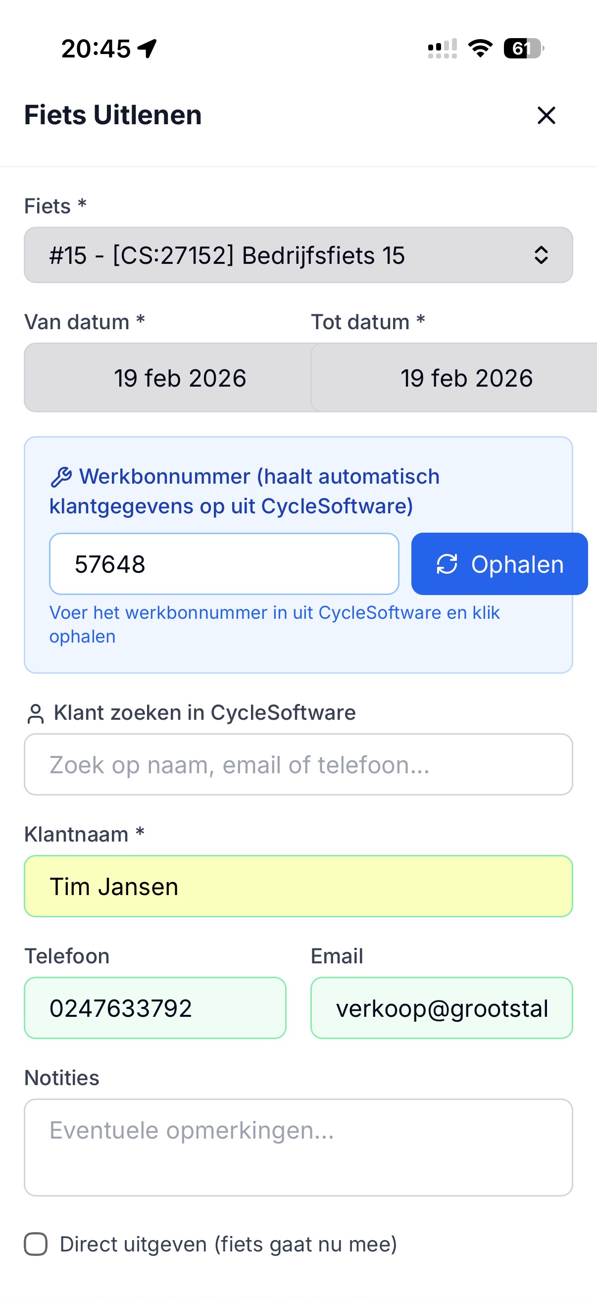 Leenfiets uitlenen met werkbonnummer koppeling